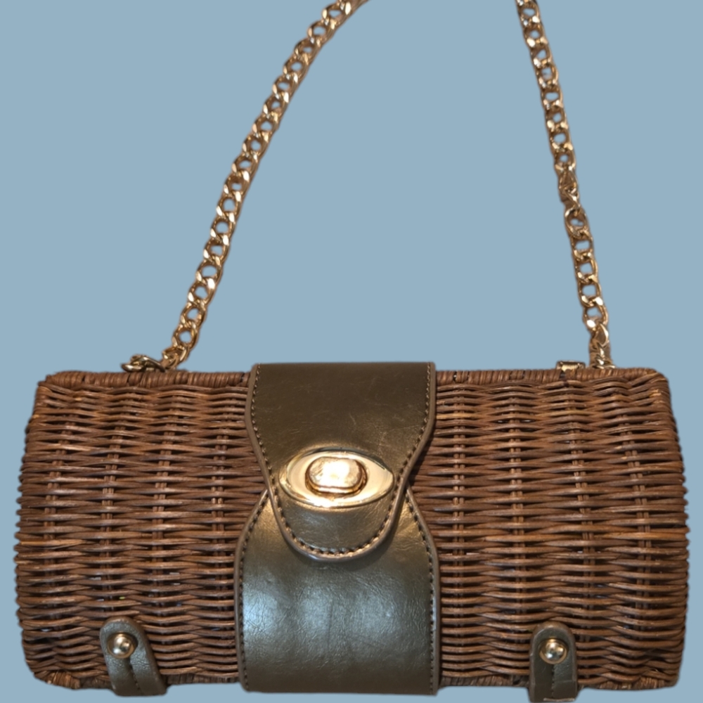 Elegant Brown Woven Clutch / Evening Bag with Gold Accents, Paisley Interior